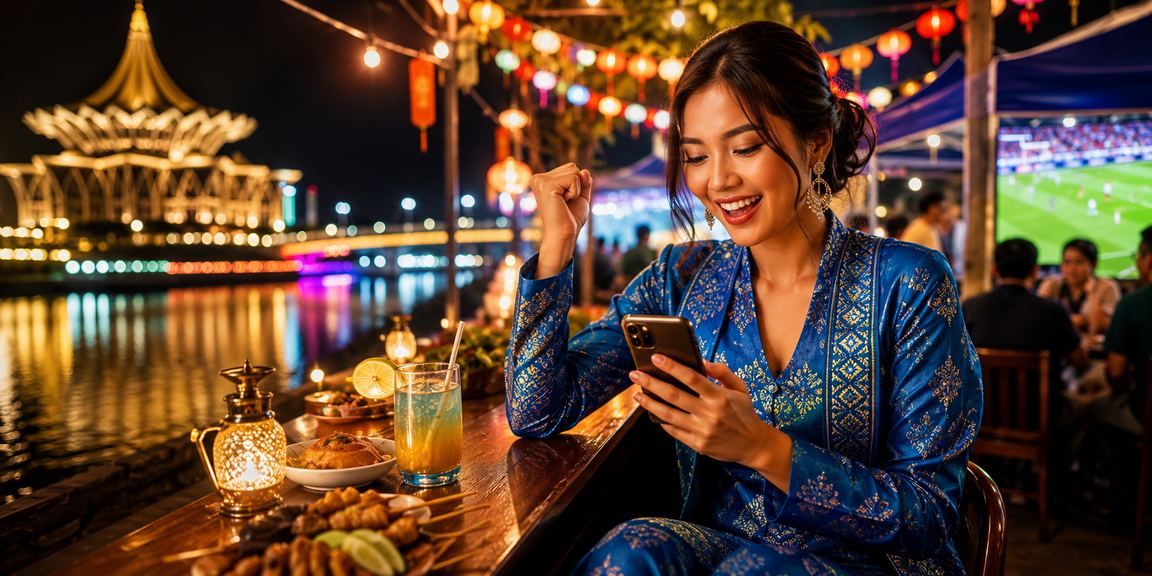 Pemain wanita Kuching menggunakan telefon mudah alih untuk akses promosi kasino harta33
